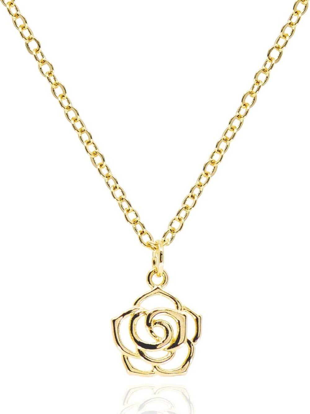 Dainty Simple Rose Pendant Necklace for Women • 14K Gold Plated Open Rose Outlin